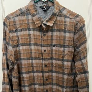 Volcom Shirt Mens XL Plaid Brown  Flannel Long Sleeve Button Down 100% Cotton